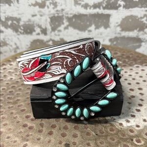 Floral Embroidered Belt with Turquoise Buckle